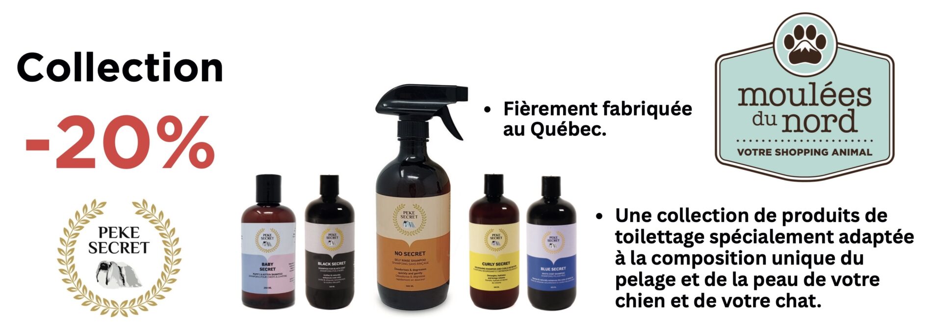 Collection de produits de toilettage Peke Secret en promotion