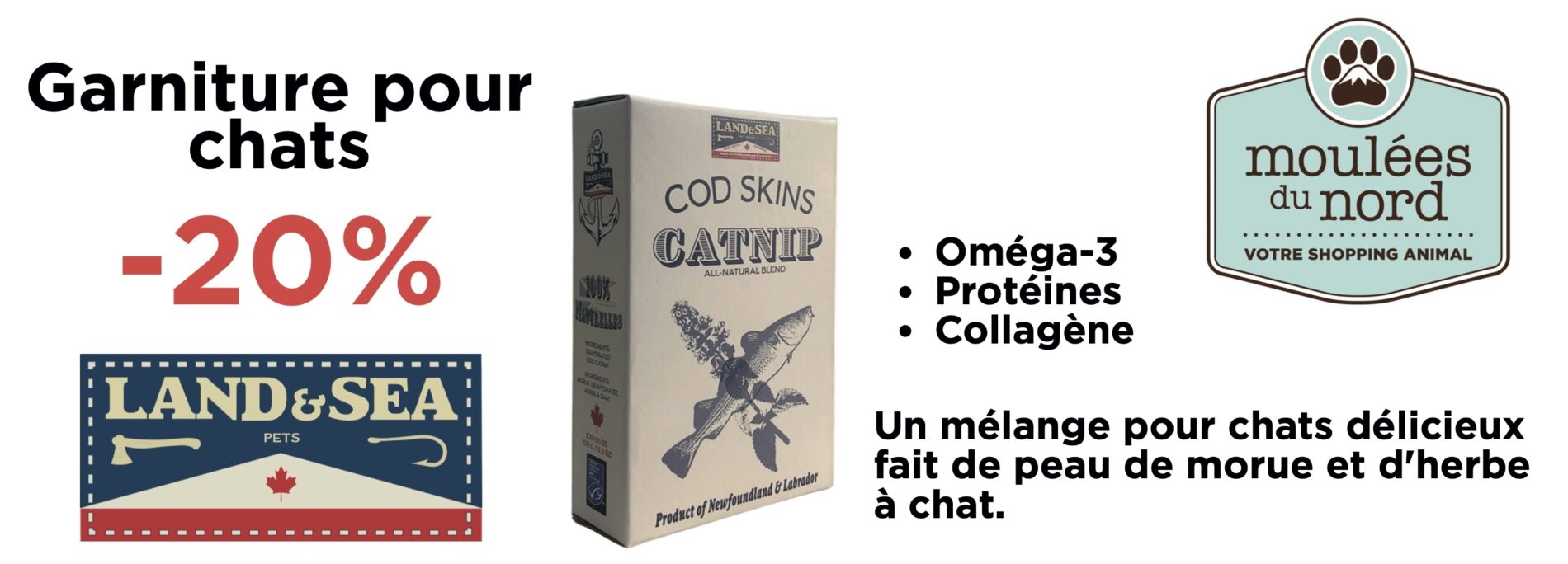 Garniture/gâteries pour chats peau de morue et herbe à chat