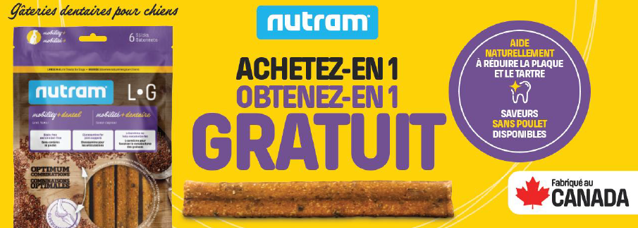 2 pour 1 sur les gâteries dentaires Nutram pour chiens