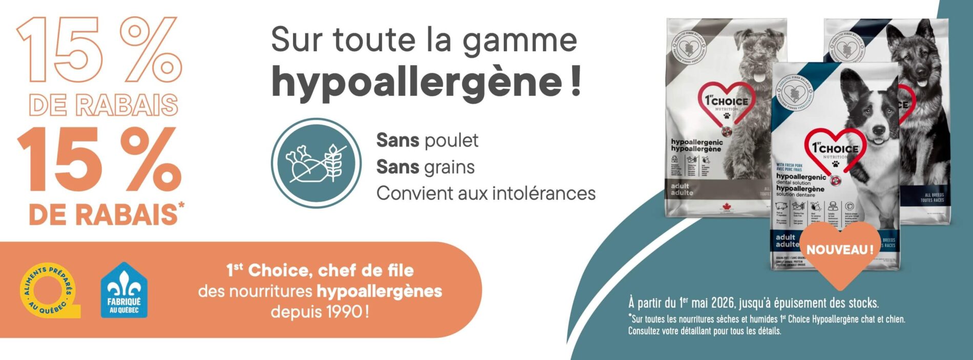 Rabais sur la nourriture hypoallergène pour chiens 1st Choice