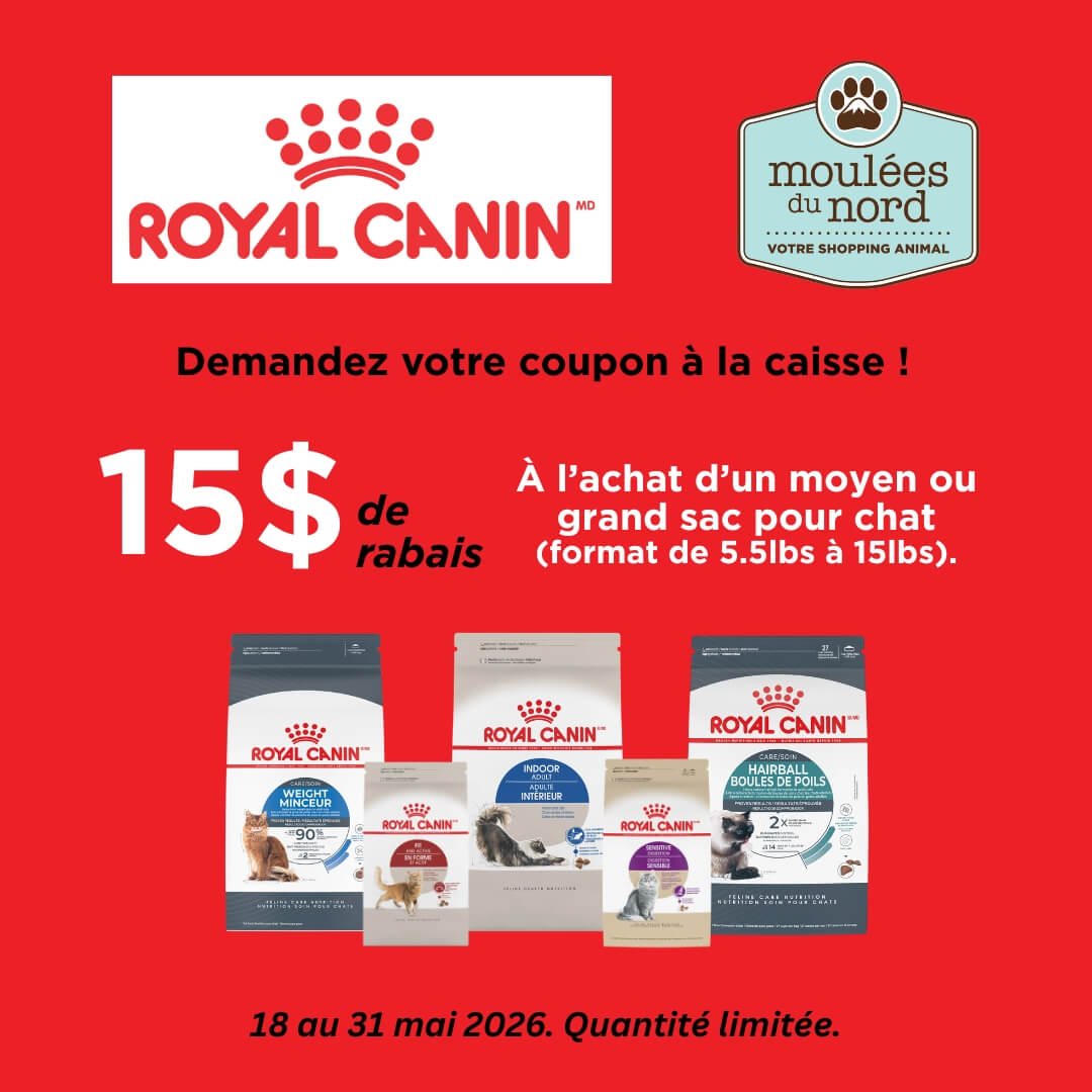 Coupon de 15$ de rabais sur les moyen et grand sacs de nourriture Royal Canin chats