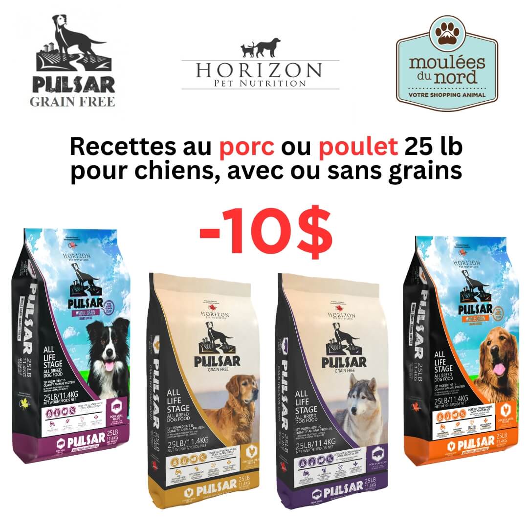 Rabais sur la nourriture Pulsar pour chiens poulet ou porc avec grains ou sand grains