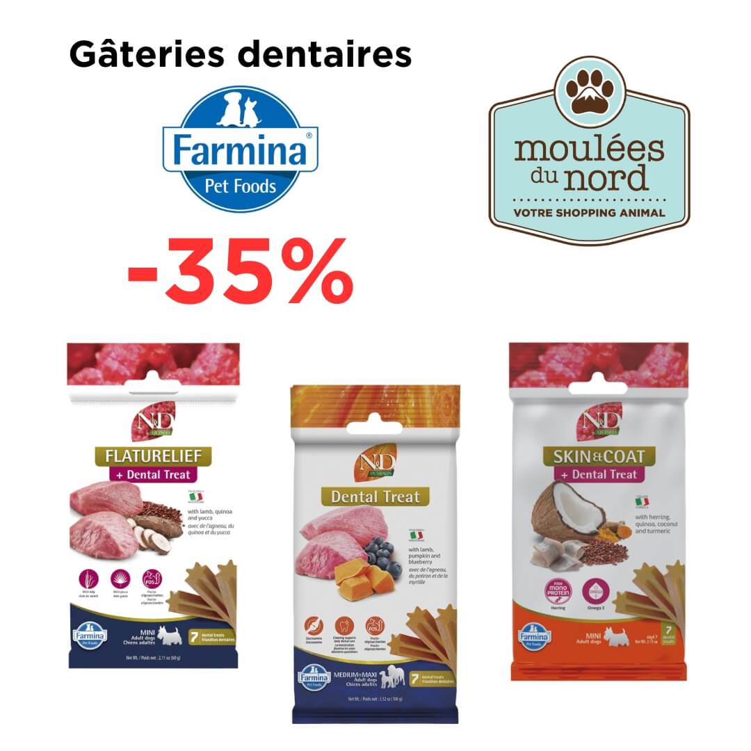 Gros rabais sur gateries dentaires N&D Farmina chiens