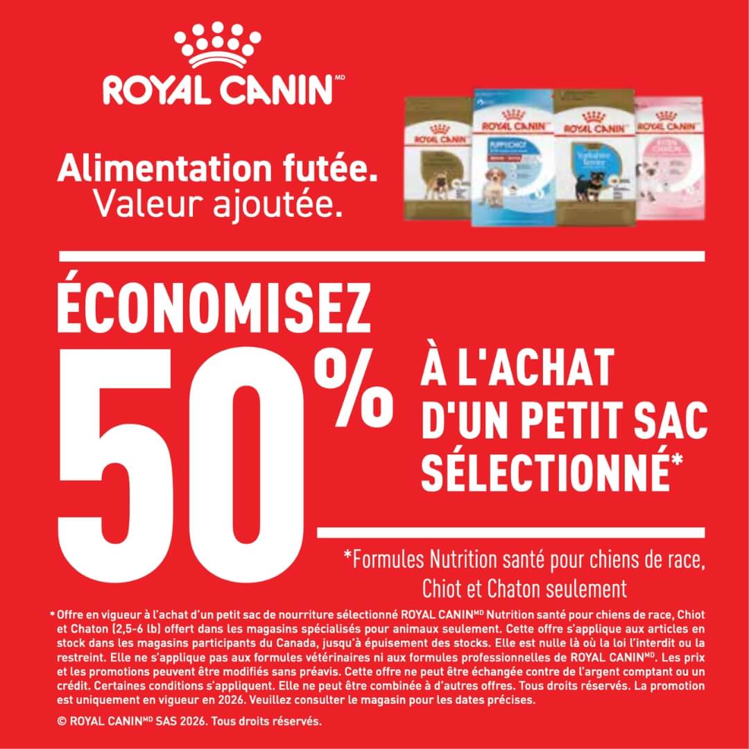 Énorme rabais sur la nourriture Royal Canin pour chiots, chatons et races