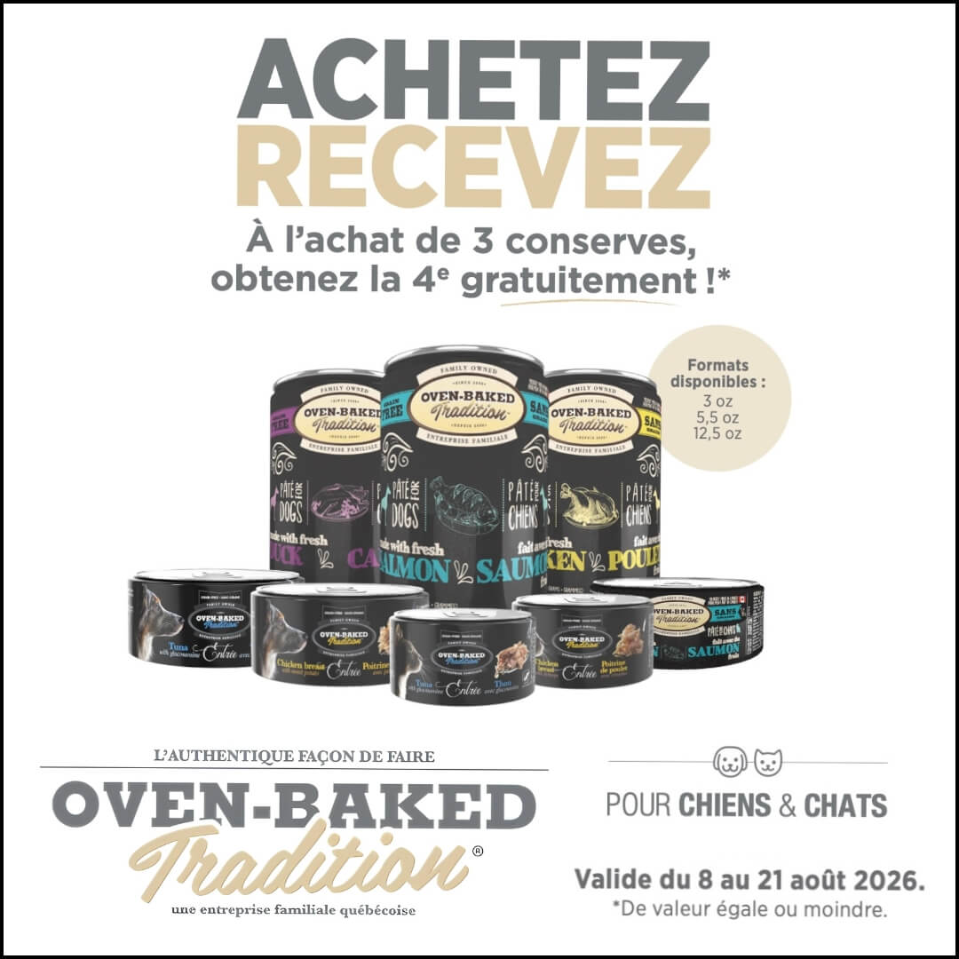 Rabais d'août sur les conserves Oven Baked Tradition chiens et chats chez Moulées du Nord