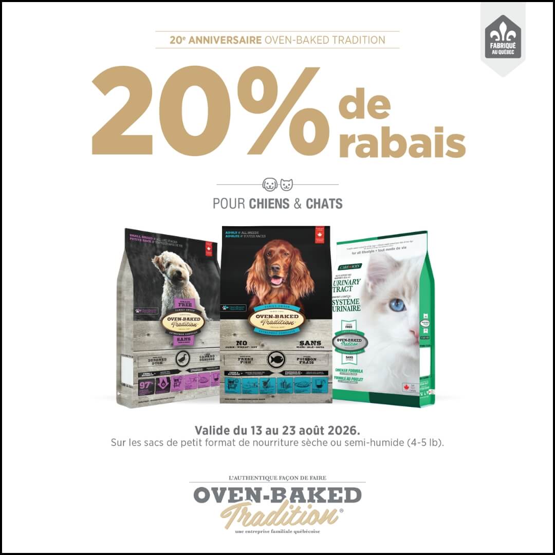 20% de rabais sur nourriture sèche ou semi-humide Oven Baked Tradition chiens/chat