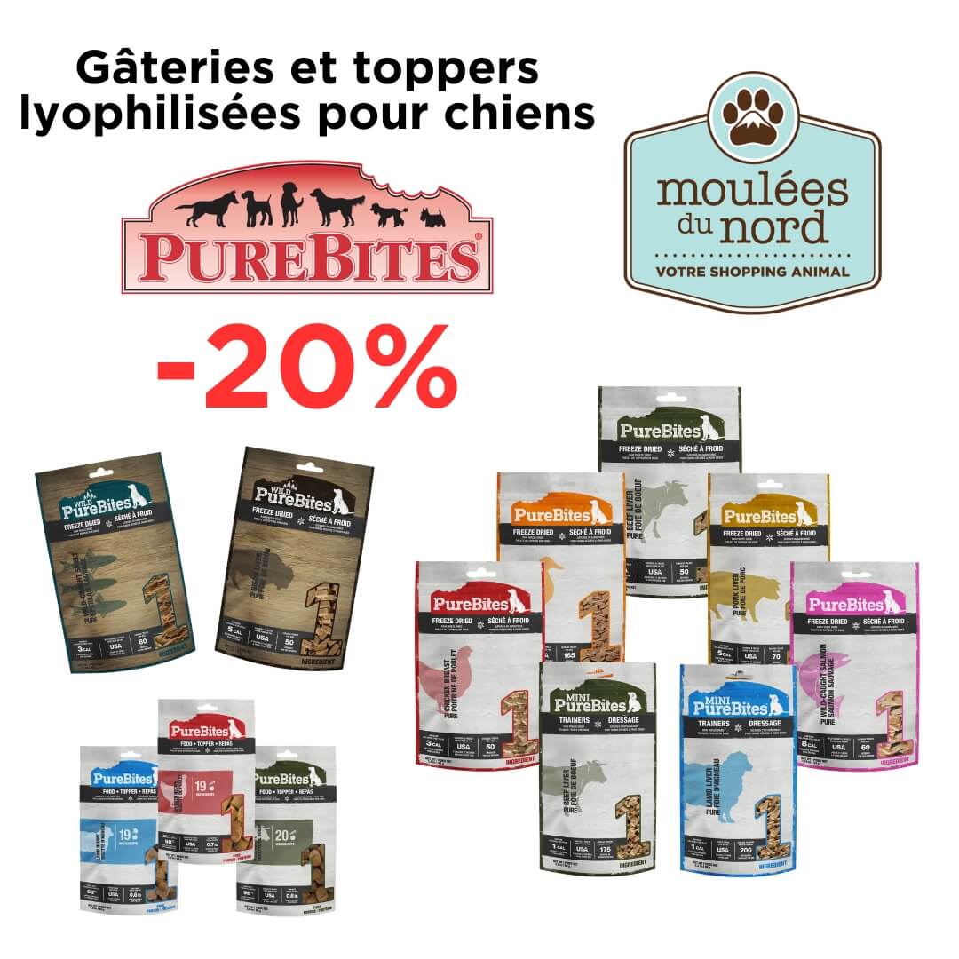 Profitez d'énormes rabais sur les gâteries lyophilisées de PureBites pour chiens chez Moulées du Nord
