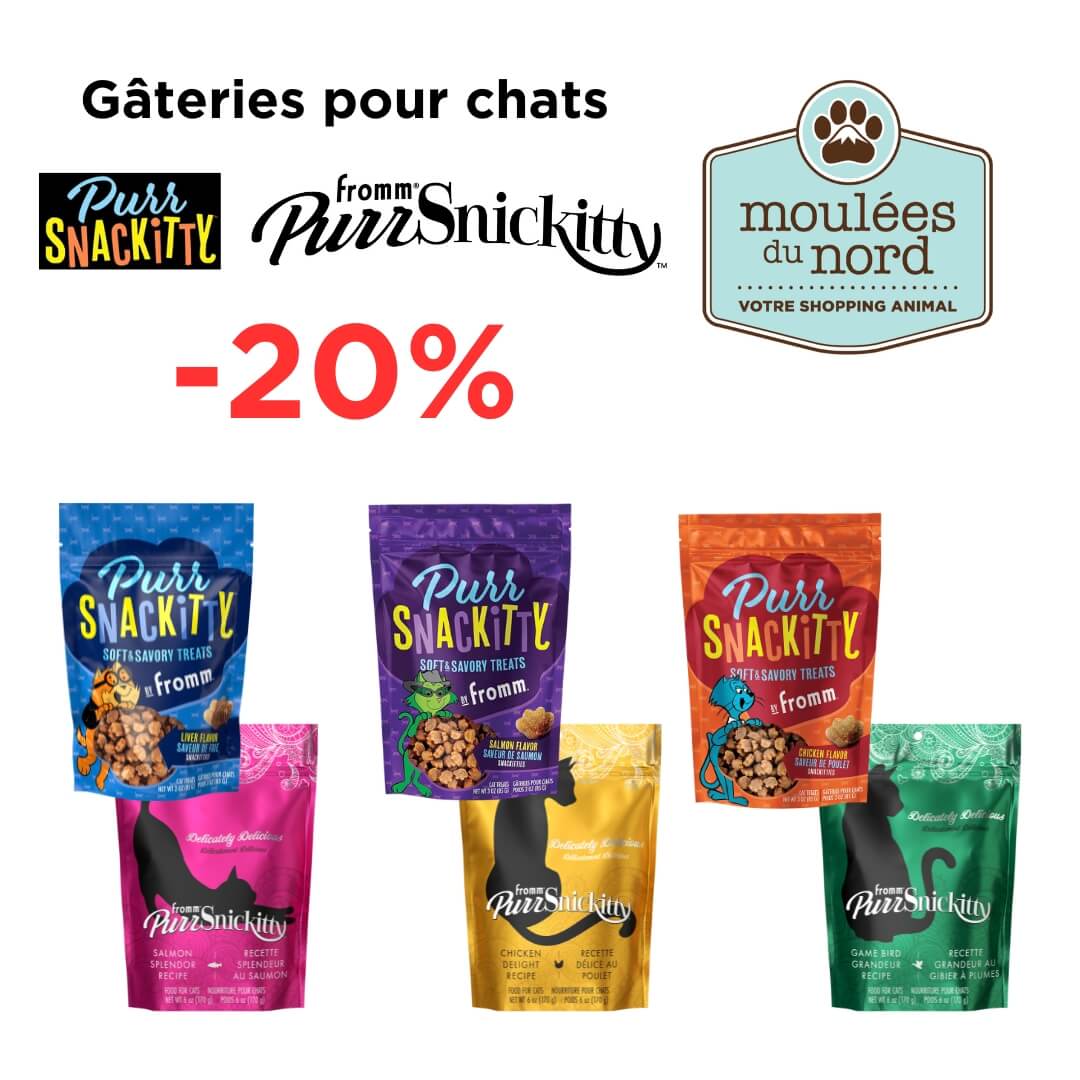 Gâteries Fromm Purrsnickitty et Purrsnackitty pour chats difficiles en promo ce mois à Ste-Adèle