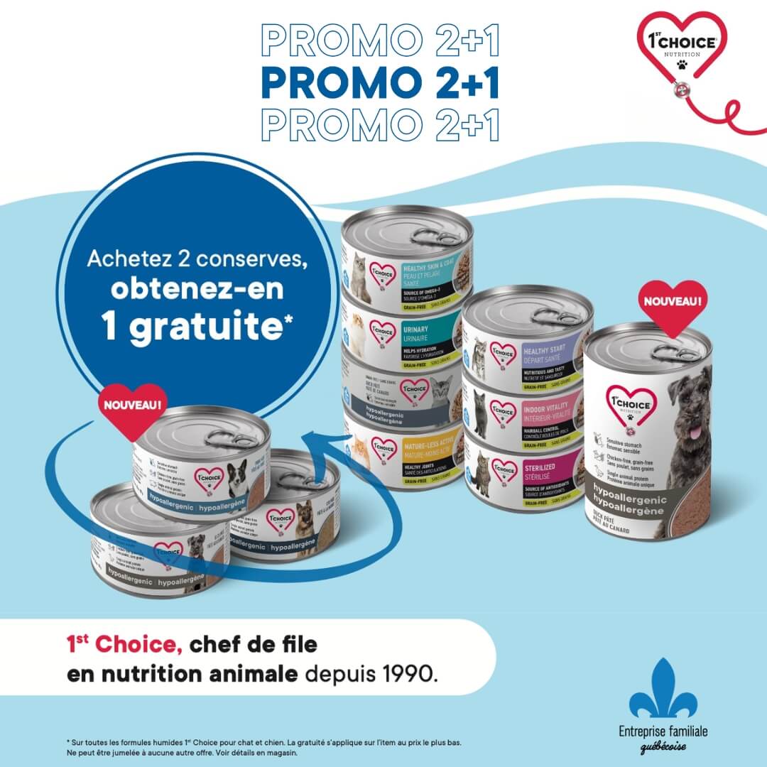 Grand rabais sur les conserves 1st Choice pour chiens et chats ce septembre chez Moulées du Nord