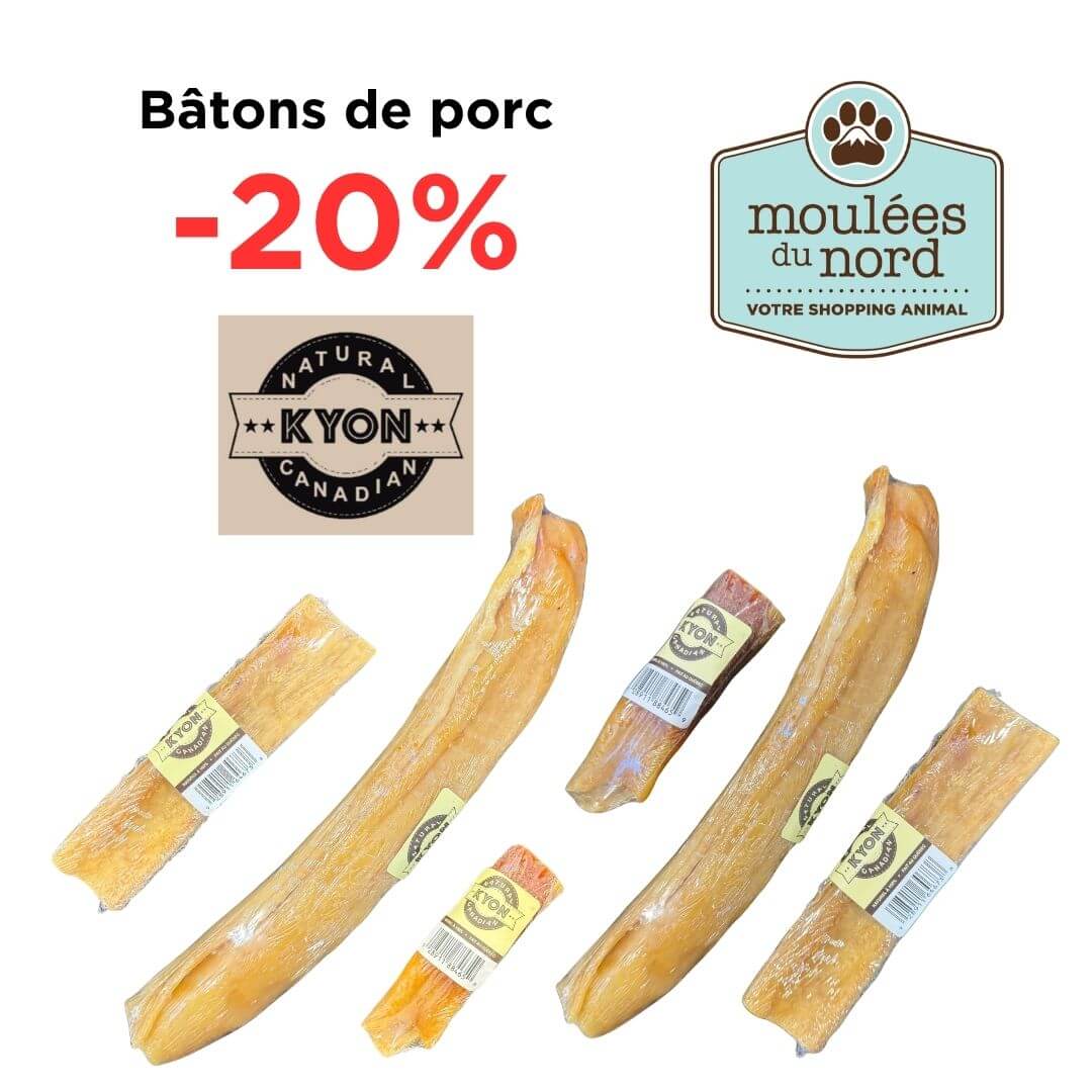 Promotion sur les bâtons de porc Kyon pour chiens fait au Canada
