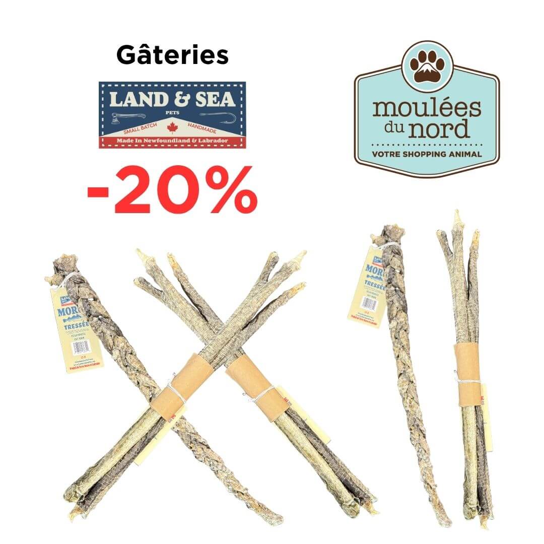 Peau de morue Land & Sea gâteries chiens santé en rabais Moulées du Nord octobre