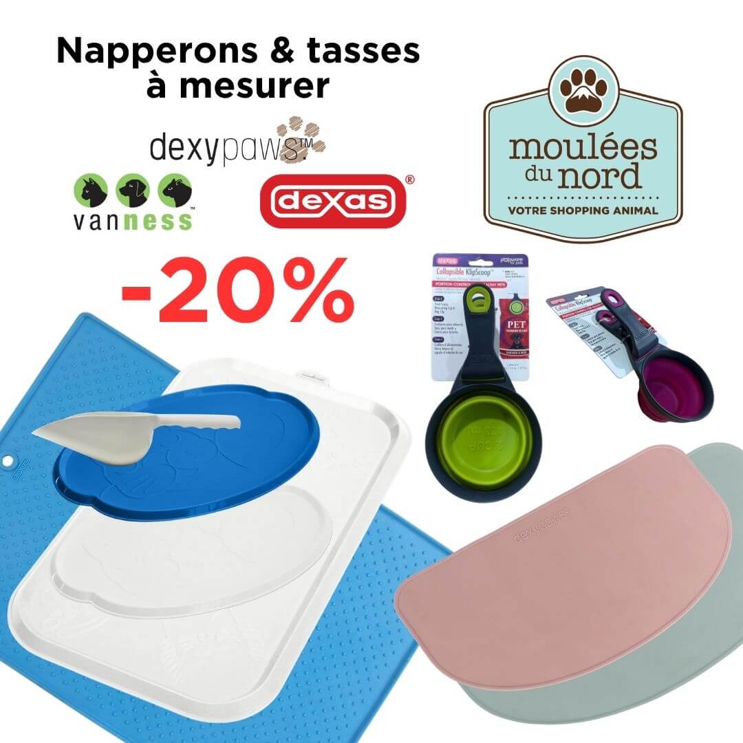 Napperons et tasses à mesurer pour animaux de compagnies en promotion chez Moulées du Nord 