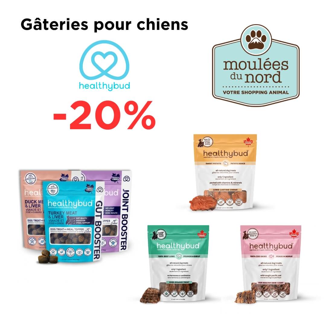 Gâteries santé pour chiens HealthyBud en promo ce novembre animalerie Sainte-Adèle
