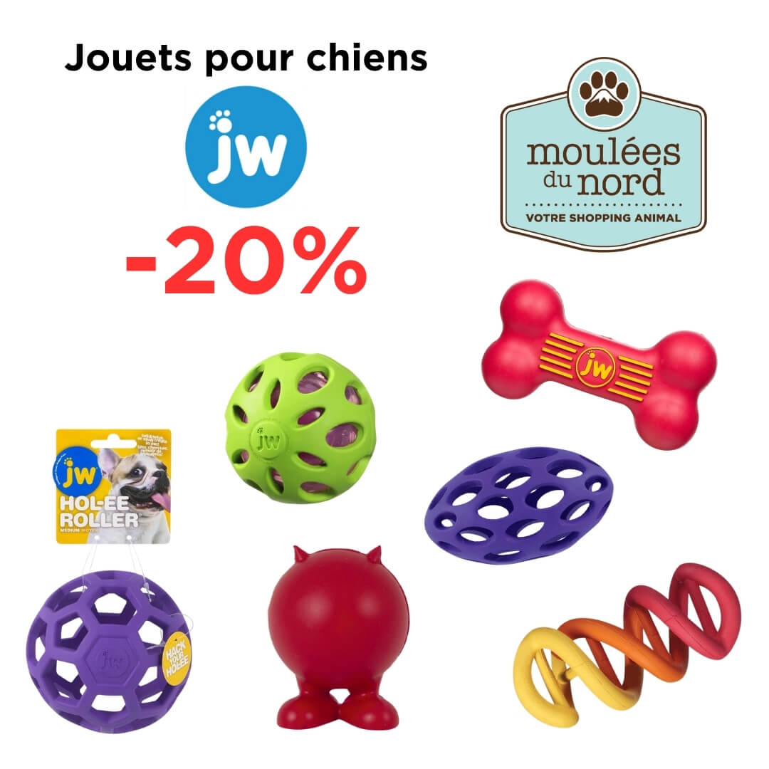 Jouets pour chiens JW en promotion chez Moulées du Nord à Ste-Adèle
